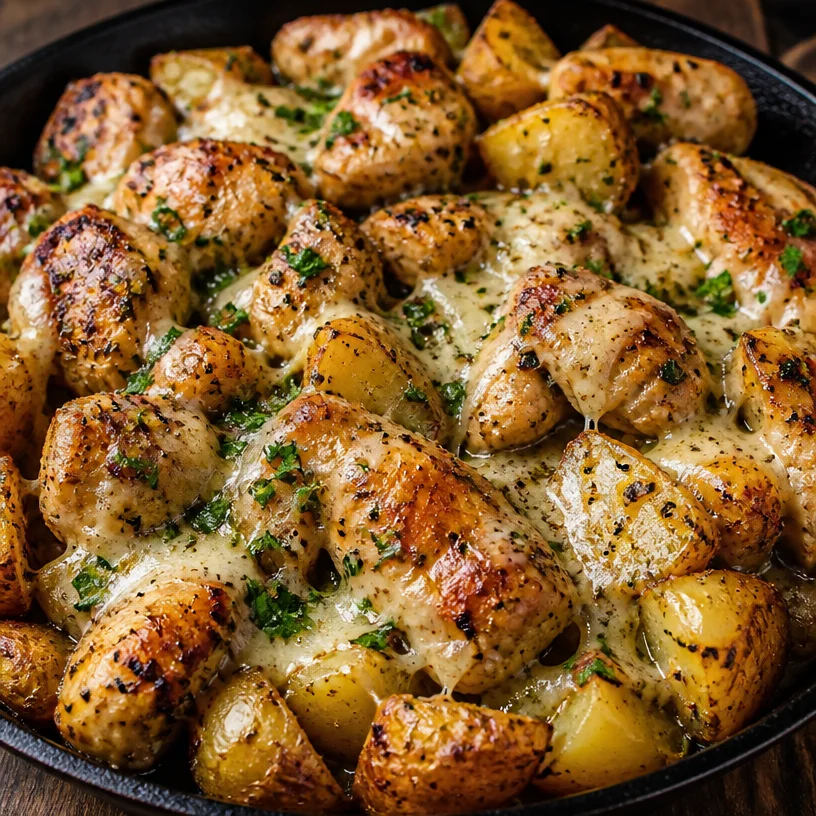 Skillet dish featuring Garlic Parmesan Chicken and golden potatoes