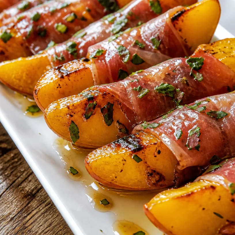 Grilled apples wrapped in prosciutto and drizzled with honey on a plate.