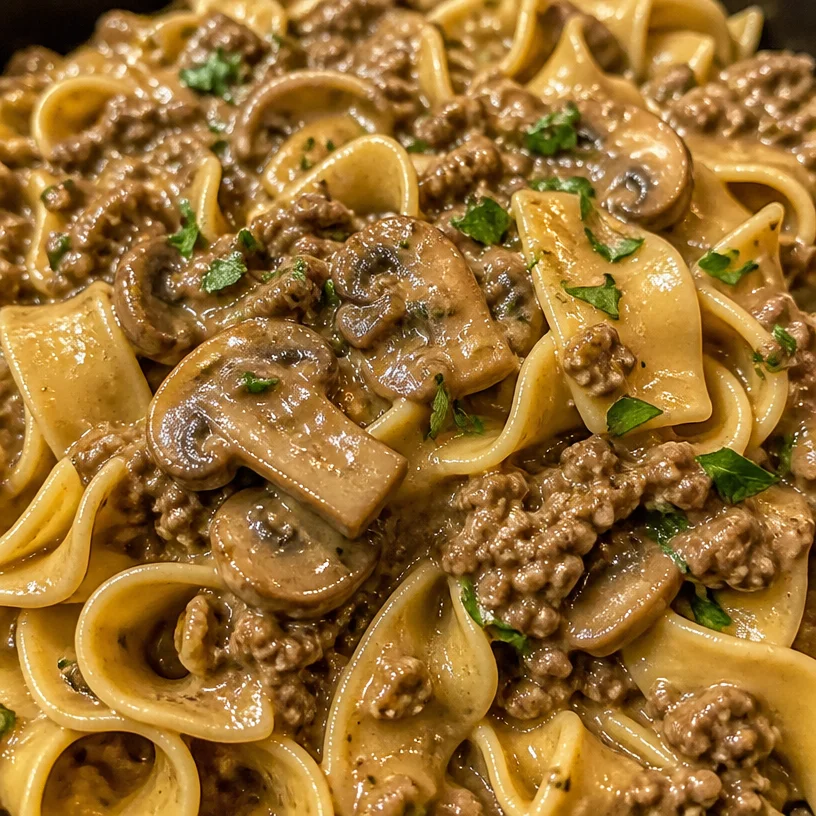Healthy Ground Beef Stroganoff served in a bowl with mushrooms and noodles