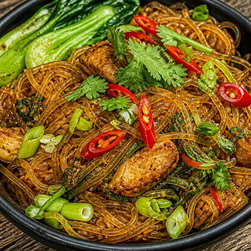 Healthy Thai Glass Noodle Stir Fry with vegetables and protein