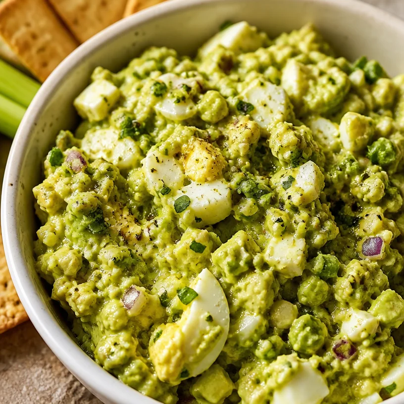 High protein avocado egg salad served in a bowl with fresh ingredients