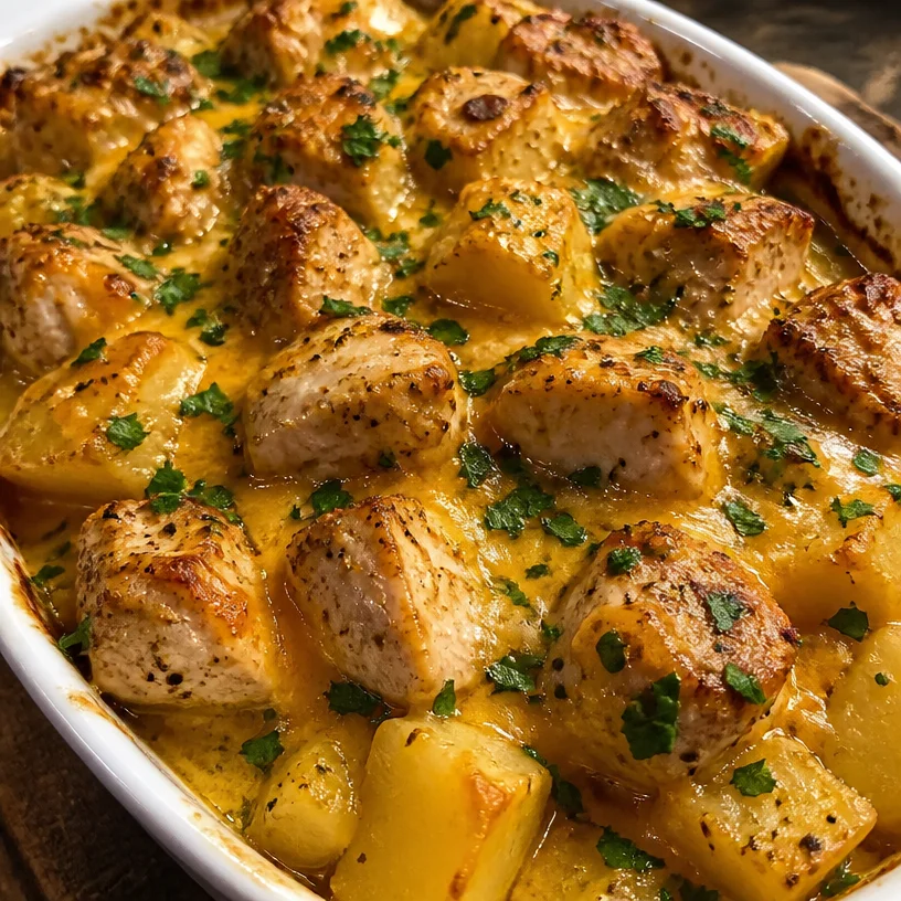 Creamy garlic cheesy chicken and potatoes dish served on a plate