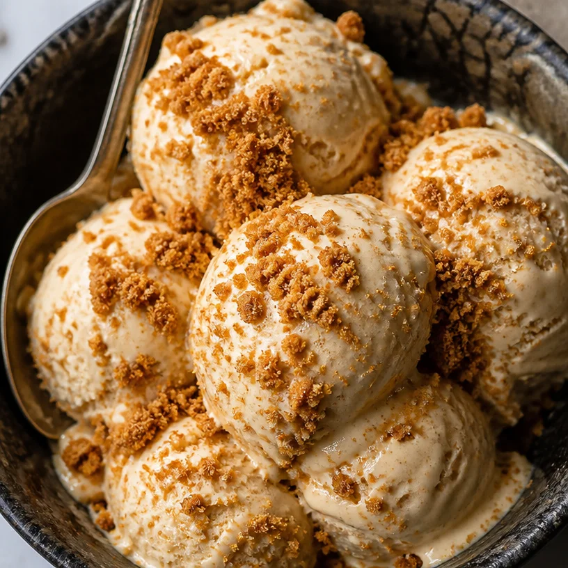 Delicious homemade cookie butter ice cream in a bowl with a spoon