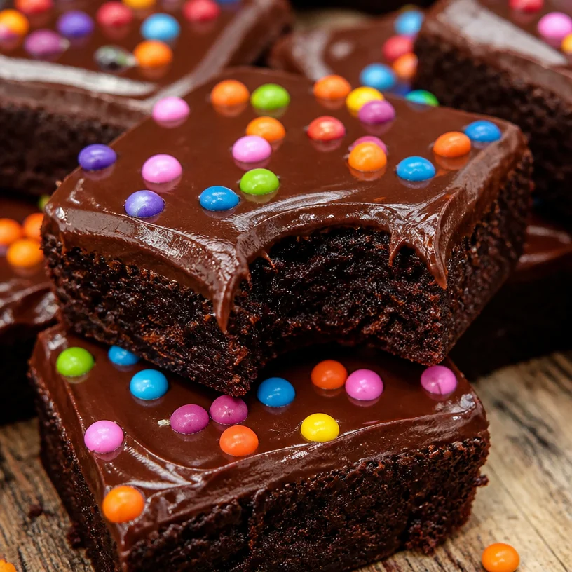 Delicious homemade cosmic brownies topped with colorful sprinkles and chocolate chips.