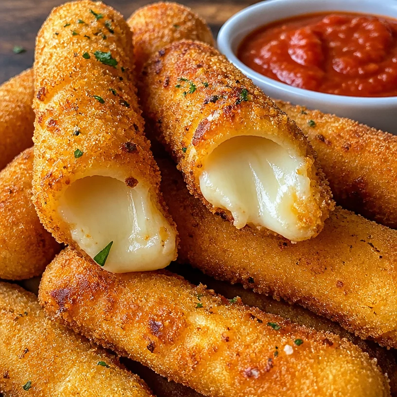 Plate of homemade mozzarella sticks with marinara dipping sauce