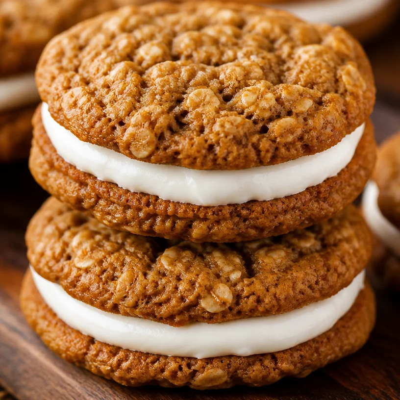 Delicious homemade oatmeal cream pies on a rustic wooden table.
