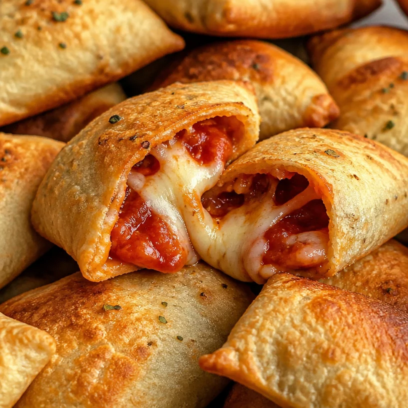 A plate of homemade pizza rolls, freshly baked and golden brown.