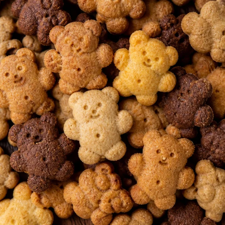 Homemade Teddy Grahams in a playful arrangement on a wooden surface.