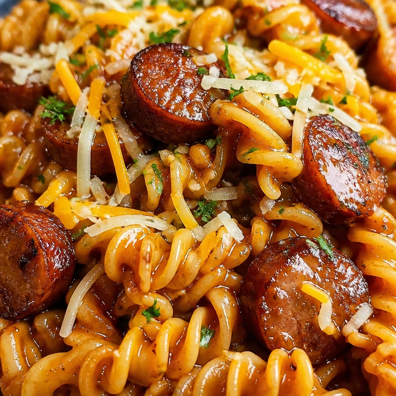 Delicious honey BBQ sausage pasta served in a bowl with herbs and spices