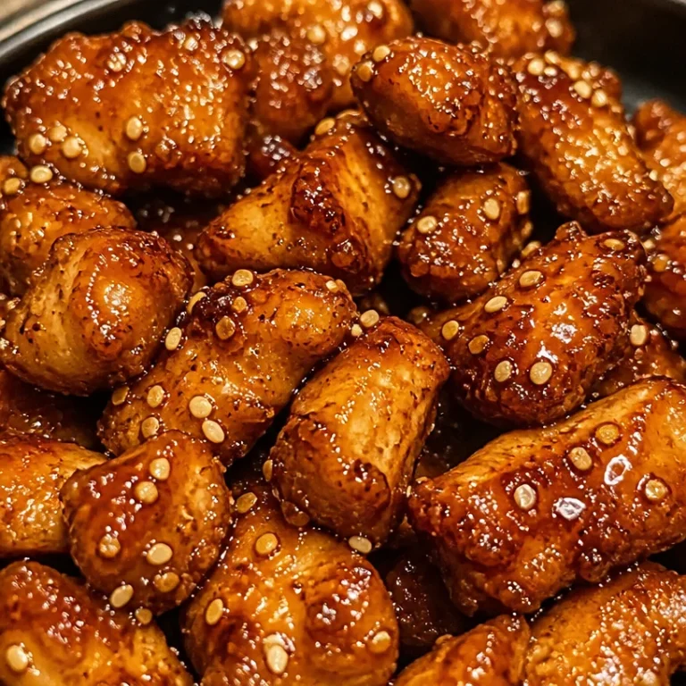 Plate of flavorful honey garlic chicken bites garnished with green onions.