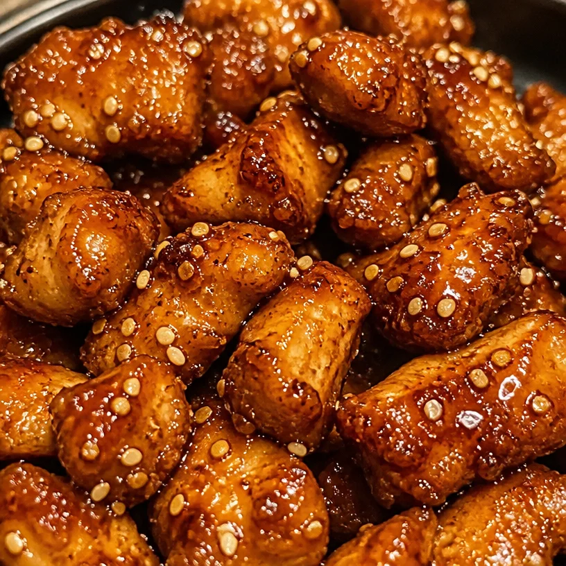 Plate of flavorful honey garlic chicken bites garnished with green onions.
