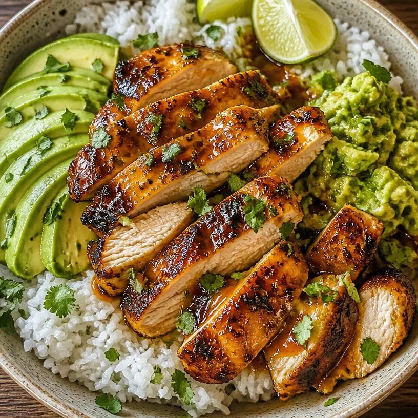 Honey Lime Chicken Avocado Rice Bowl with fresh ingredients