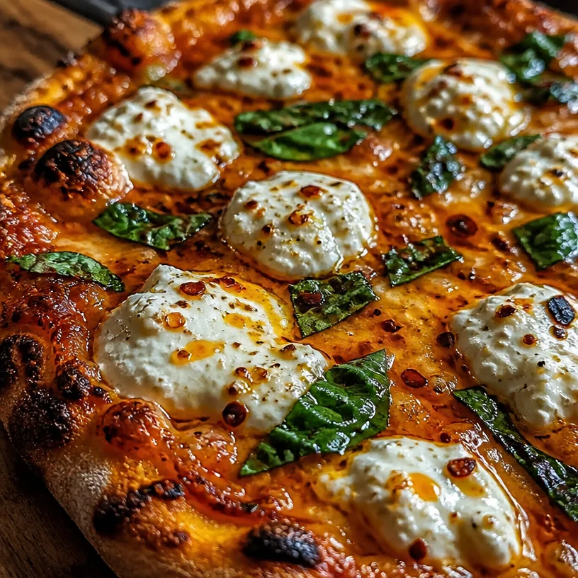 Hot Honey Ricotta Pizza topped with fresh ingredients and drizzled with honey