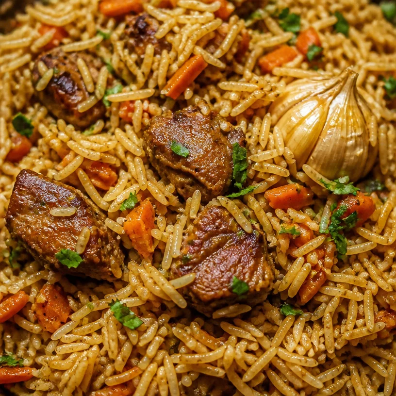 Delicious homemade plov served with vegetables and spices
