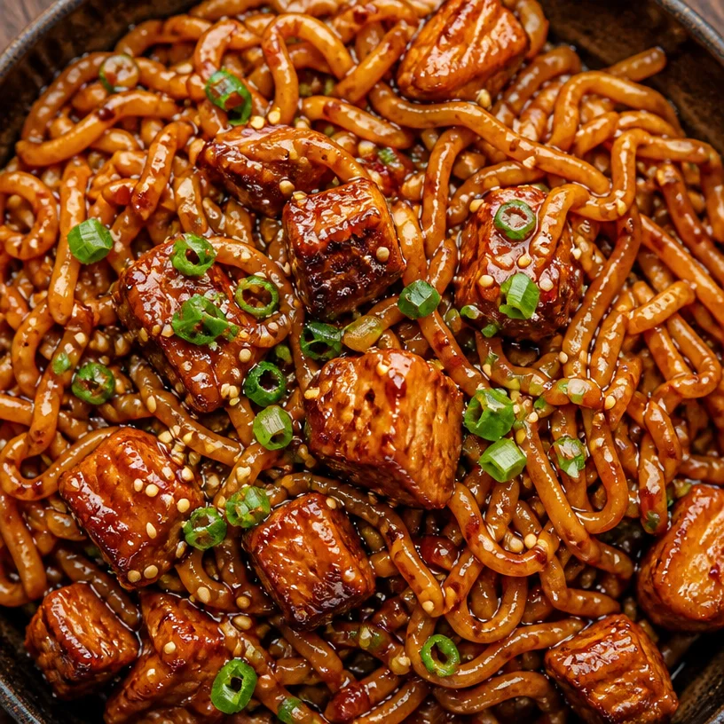 Delicious Korean spicy chicken noodles served in a bowl with fresh vegetables