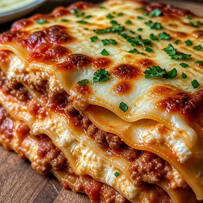 Delicious homemade lasagna with ricotta cheese layer