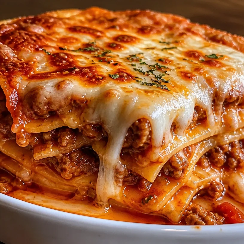 Delicious lasagna from Maggiano's with layers of cheese, meat, and marinara sauce.