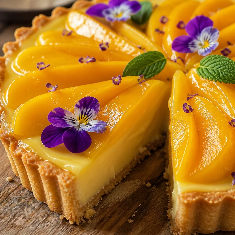 Delicious mango curd tart topped with fresh mango slices and whipped cream
