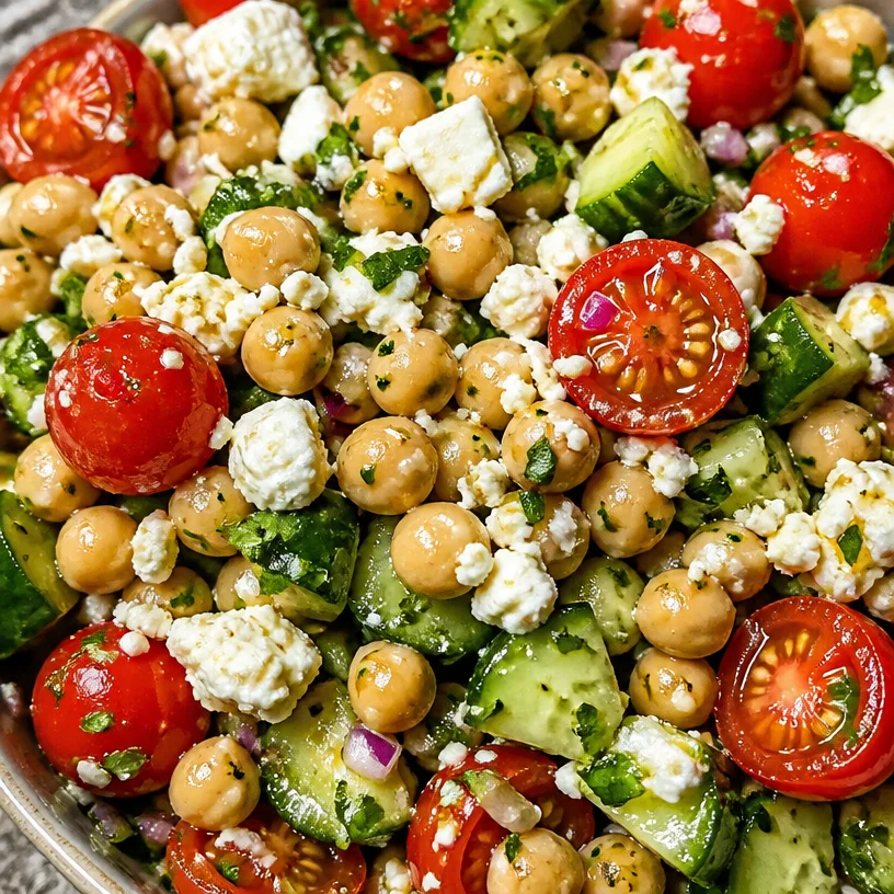 Colorful Mediterranean chickpea salad with fresh vegetables and herbs