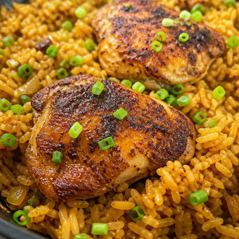 One-Pot Chicken and Rice dish served with fresh herbs and vegetables.