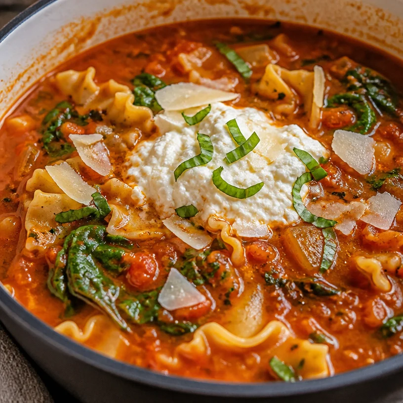 One-Pot Vegetarian Lasagna Soup served in a bowl with fresh basil.