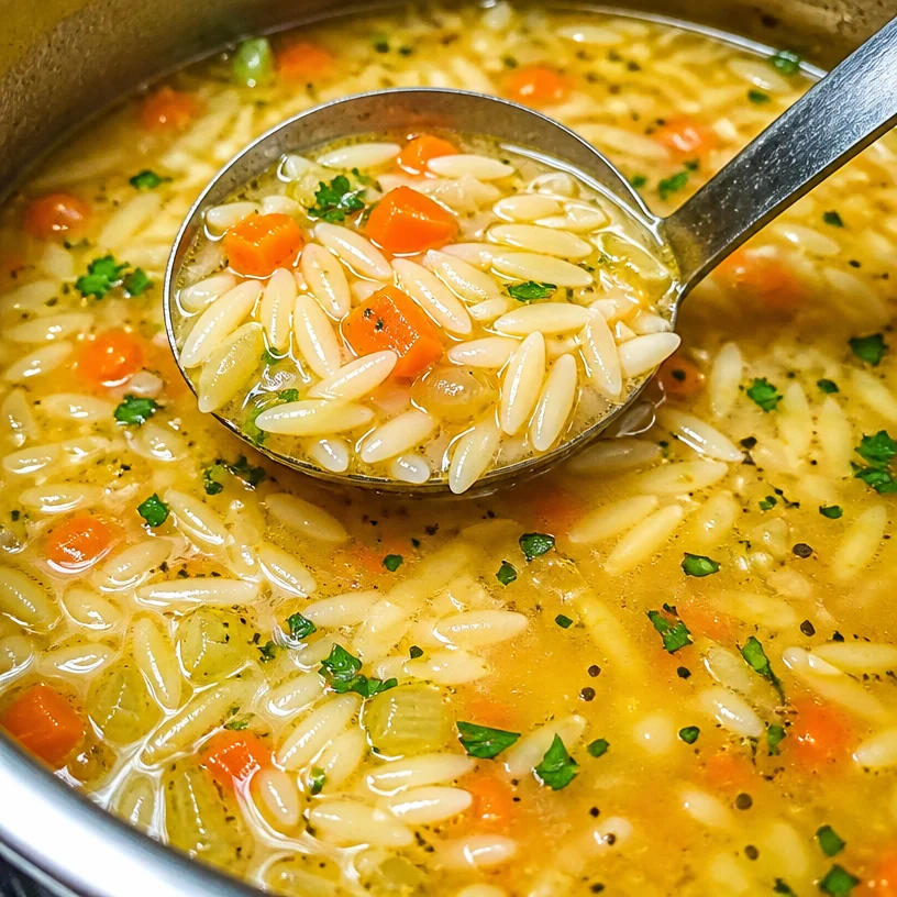 Bowl of delicious homemade orzo soup with vegetables and herbs