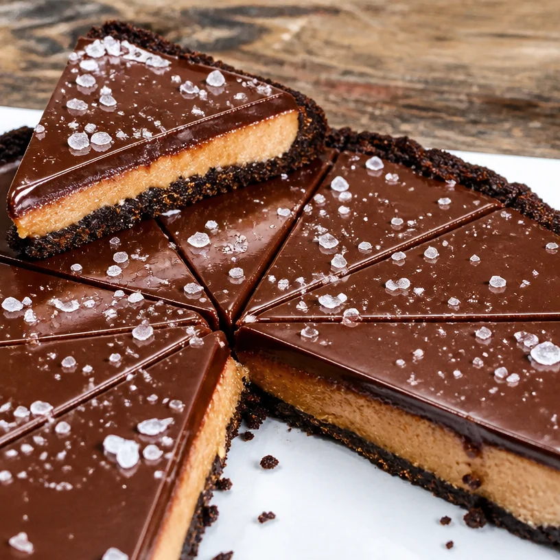 Peanut Butter Chocolate Ganache Tart topped with chocolate drizzle and peanuts.