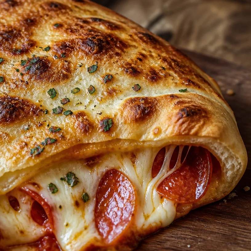 Freshly baked Pepperoni Calzone with melted cheese and sliced pepperoni