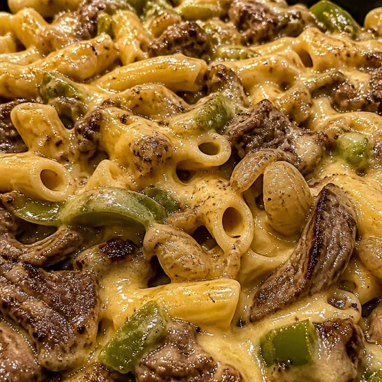 A delicious bowl of Philly Cheese Steak Pasta topped with cheese and herbs.