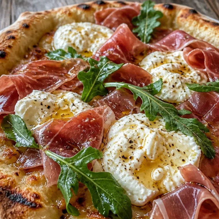 Prosciutto and honey burrata pizza topped with fresh toppings.