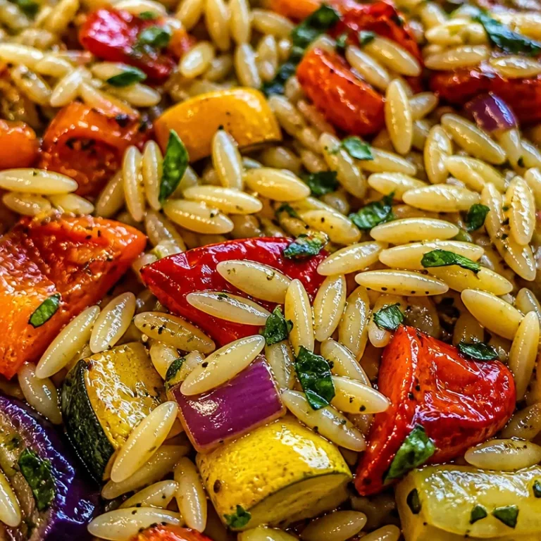 Plate of roasted vegetable orzo topped with fresh herbs