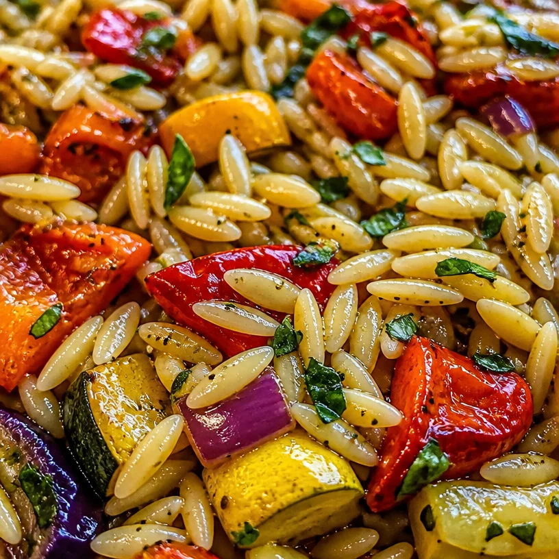 Plate of roasted vegetable orzo topped with fresh herbs