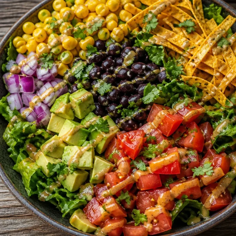 Colorful Southwest Salad with beans, corn, and avocado dressing
