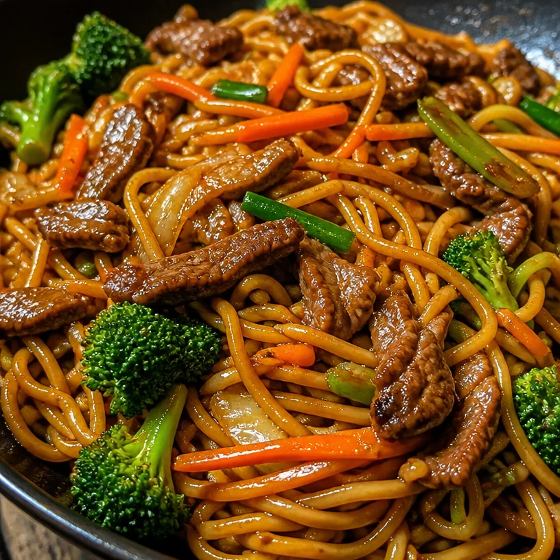 Delicious plate of stir-fried noodles with colorful vegetables and sauce