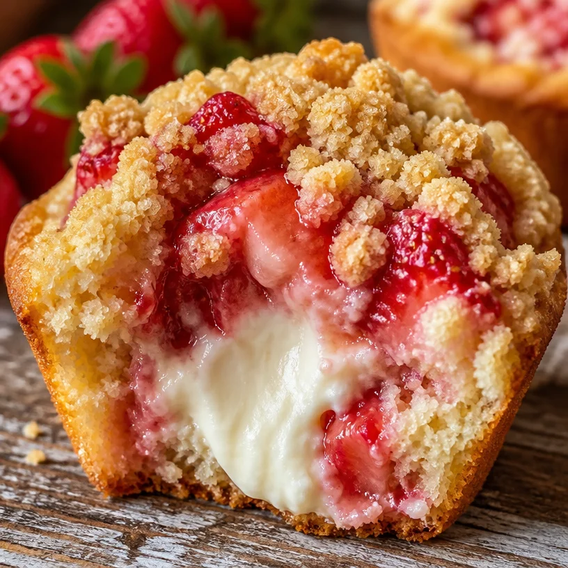 Delicious strawberry cheesecake muffins topped with fresh strawberries and cream.