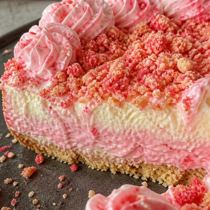 Delicious Strawberry Crunch Cheesecake with a crunchy topping and fresh strawberries