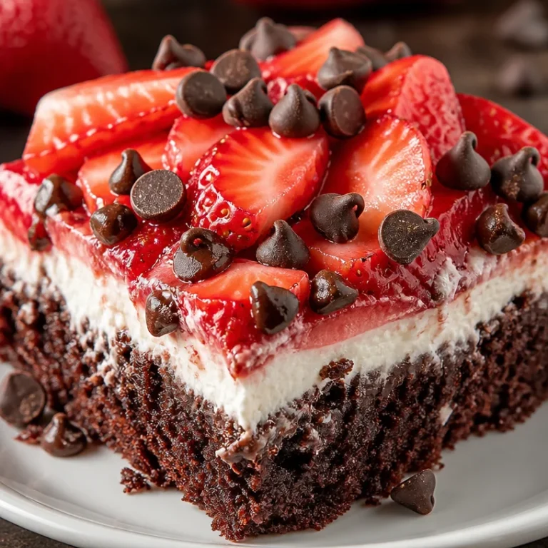 Slice of Strawberry Earthquake Cake on a plate with fresh strawberries