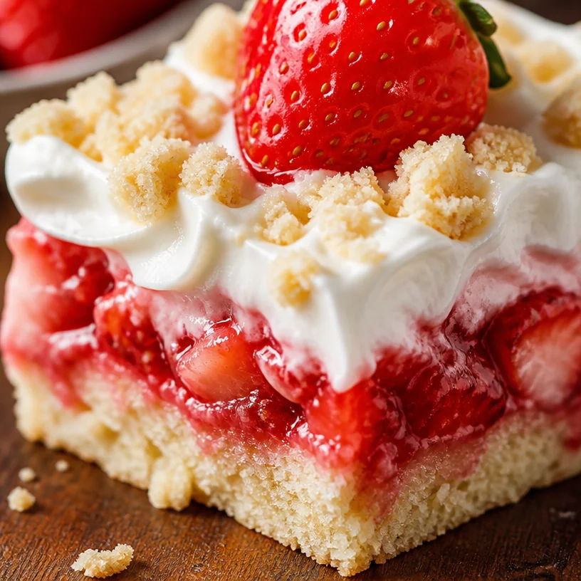 Delicious strawberry shortcake bars topped with fresh strawberries and whipped cream