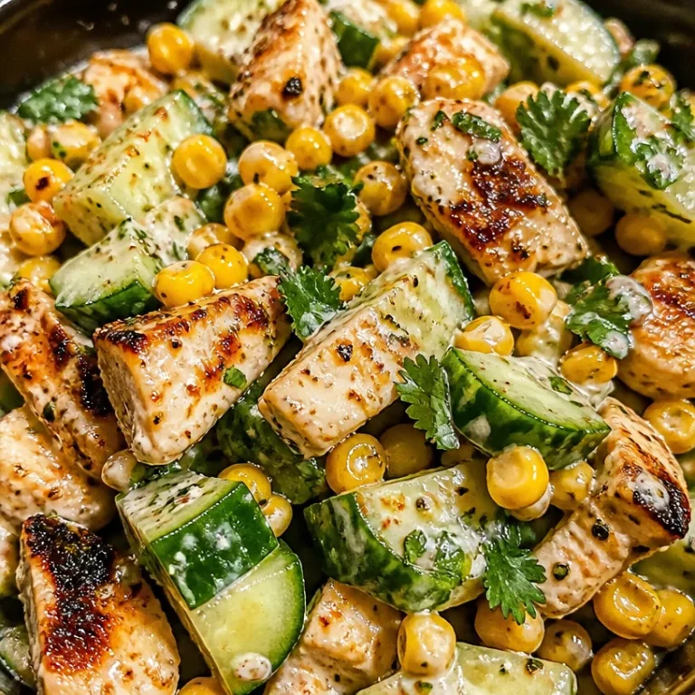 Street Corn Creamy Cucumber Chicken Salad in a bowl garnished with fresh herbs