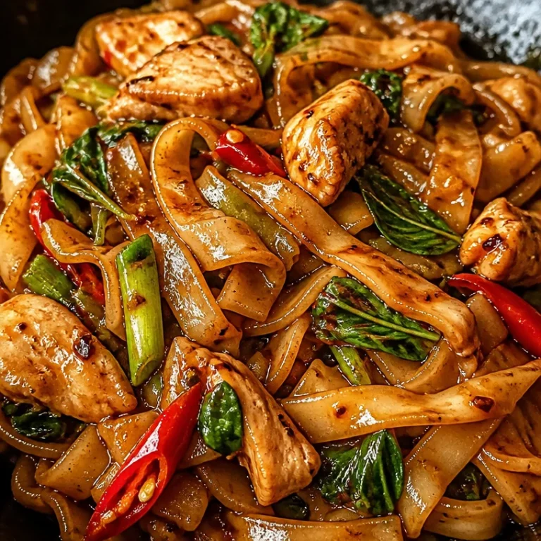 Delicious Street Style Thai Drunken Noodles served with fresh vegetables and herbs.