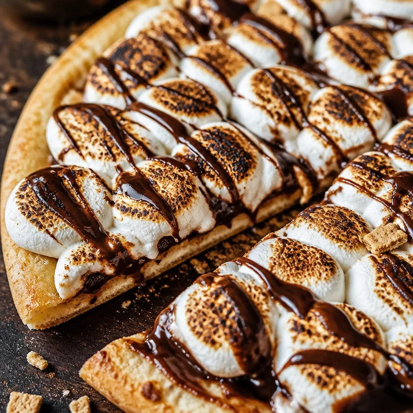 Delicious Sweet Smores Pizza topped with chocolate, marshmallows, and graham crackers