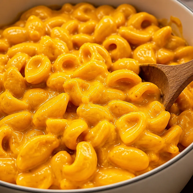 Delicious bowl of pumpkin mac and cheese topped with herbs and spices