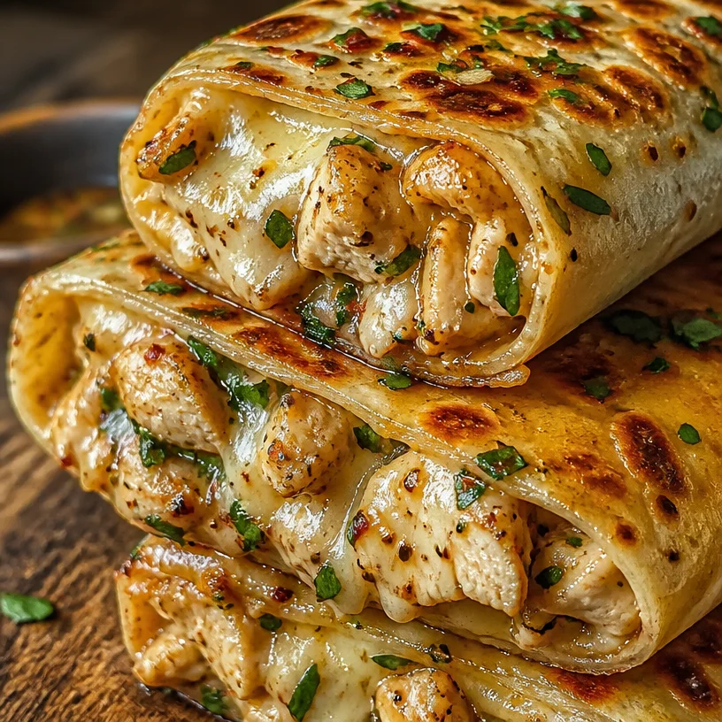 Ultimate cheesy garlic chicken wraps filled with juicy chicken and melted cheese