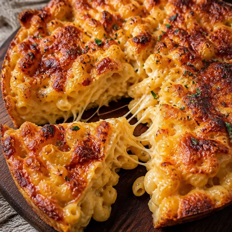 Delicious slice of Ultimate Mac & Cheese Pizza topped with melted cheese and pasta