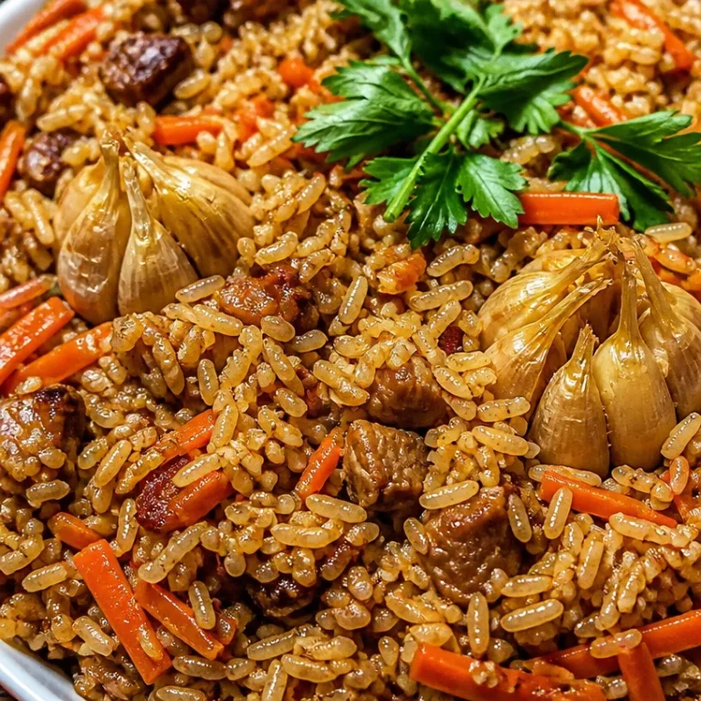A serving of Uzbek Pilaf with rice, meat, and vegetables in a traditional dish.