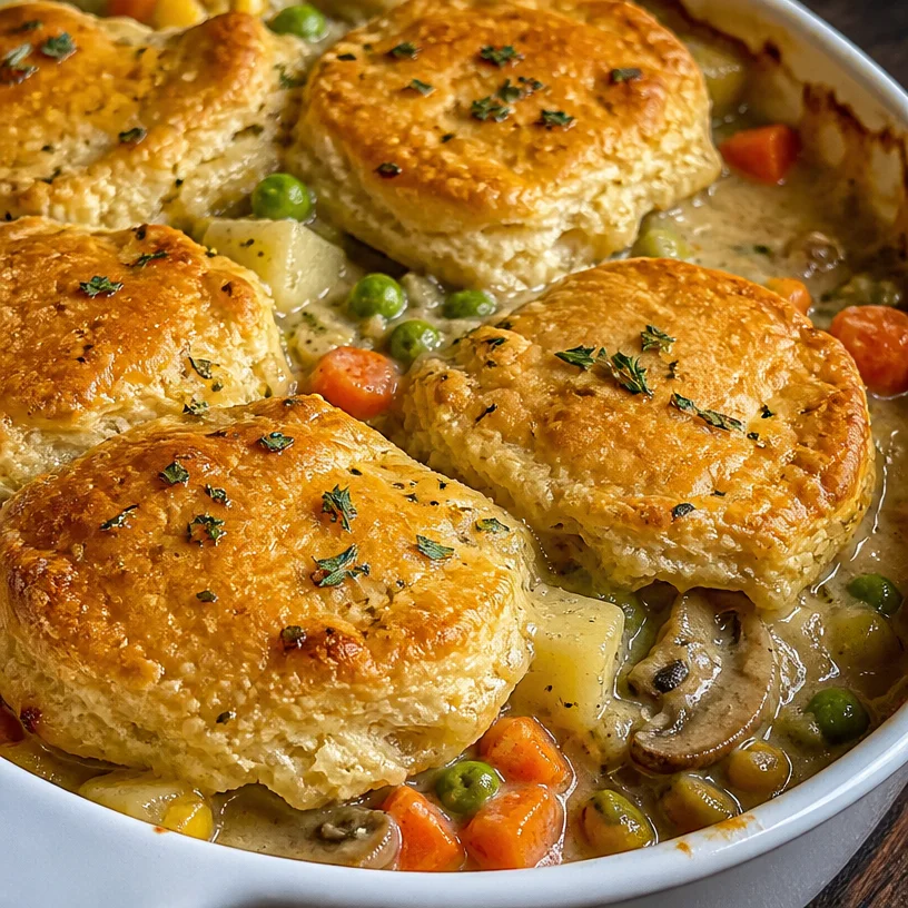 Vegetarian pot pie casserole with fresh vegetables and flaky crust