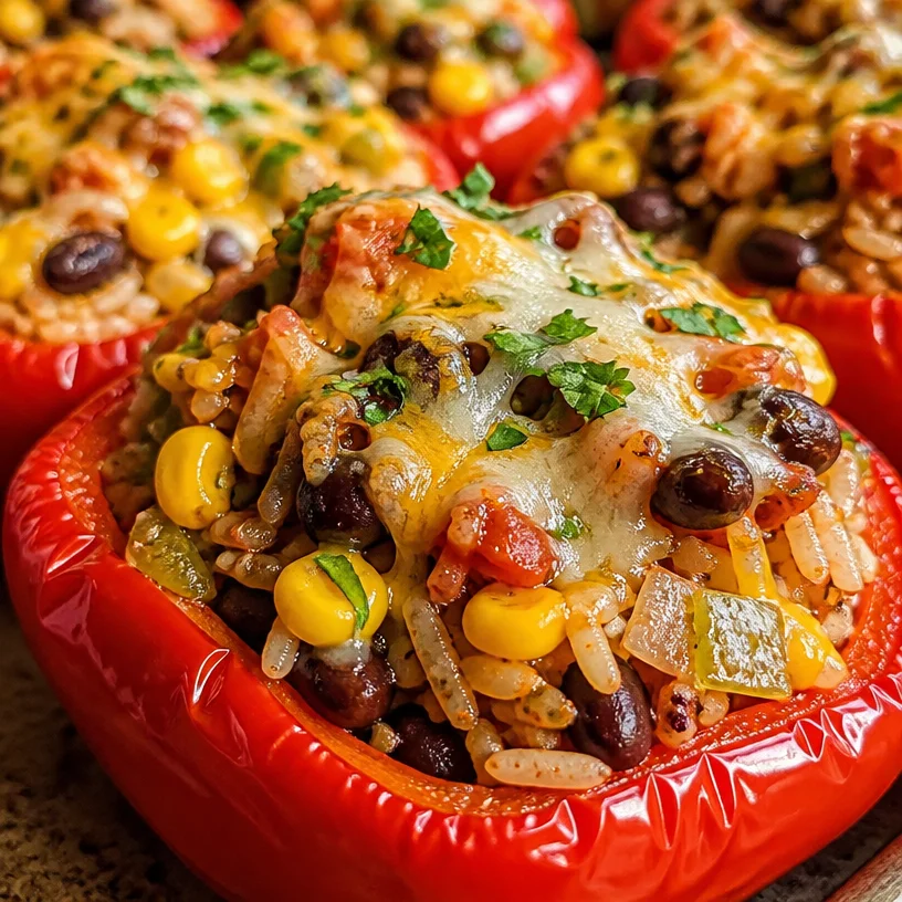 Colorful vegetarian stuffed peppers filled with grains and veggies, ready to serve.