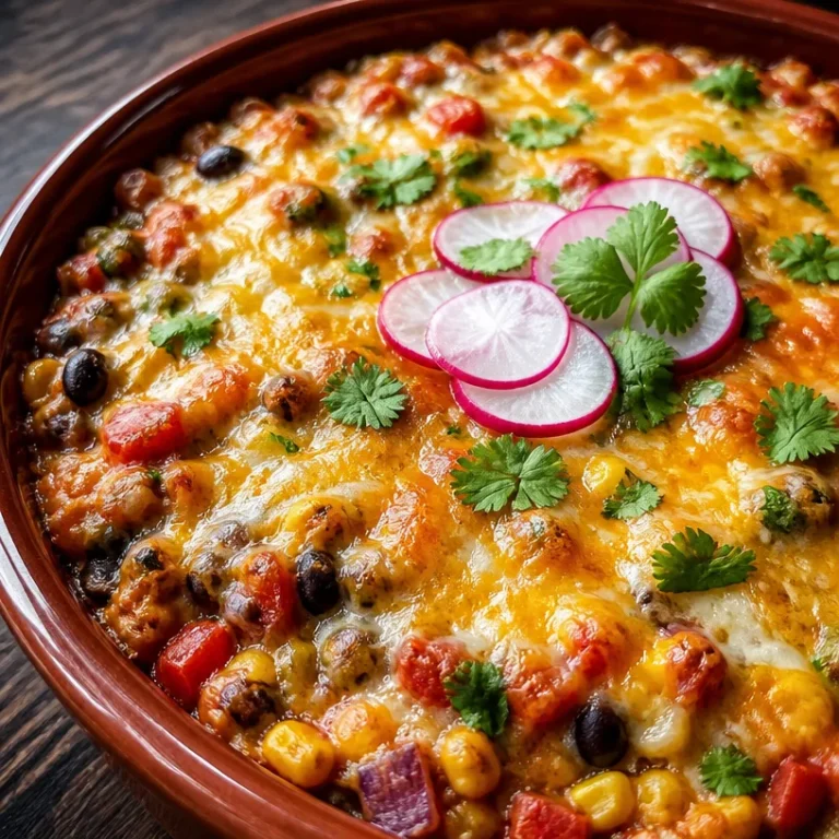 A deliciously layered vegetarian taco casserole ready to serve.