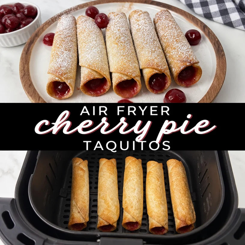 Delicious air fryer cherry pie taquitos on a plate with cherry sauce drizzle