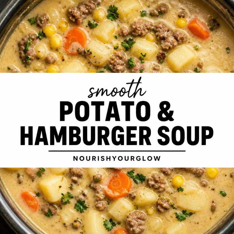 Bowl of creamy potato hamburger soup topped with herbs and spices